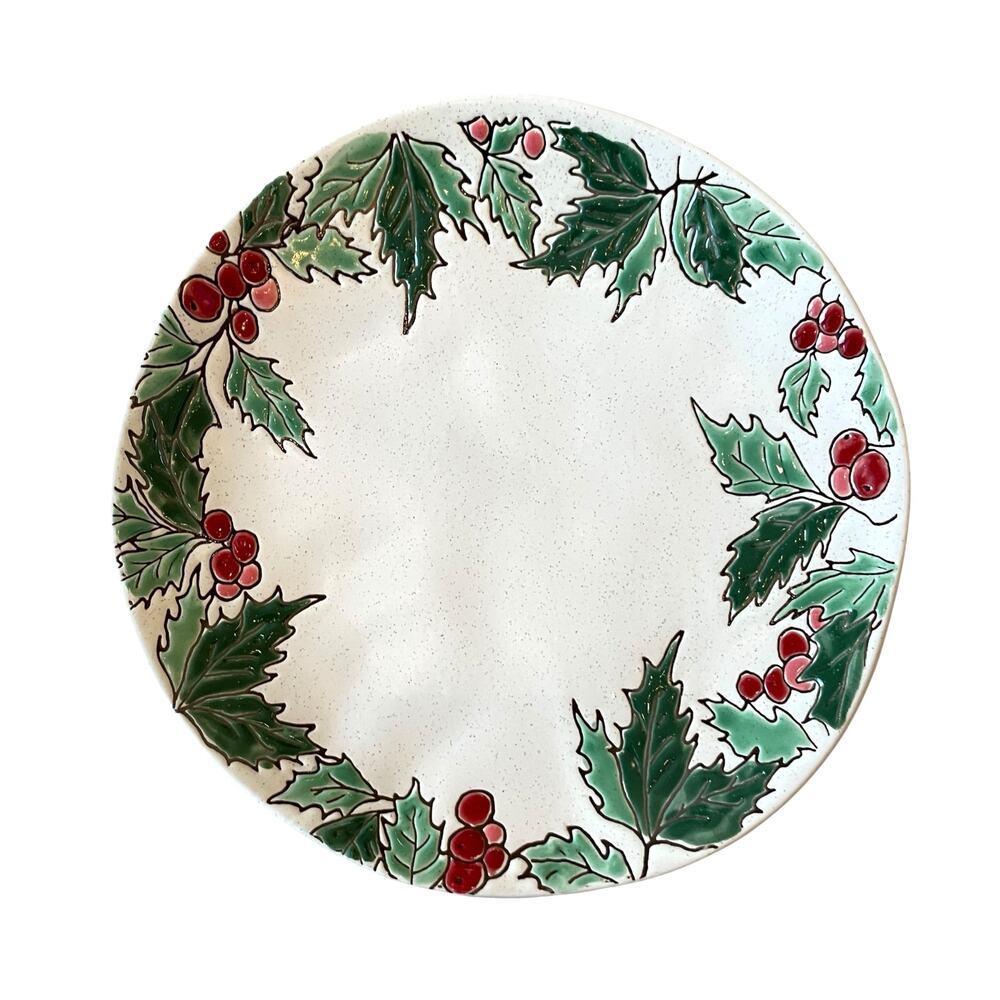 Spectrum Designz Christmas Holly Berry Salad Plates 9in Ceramic Set of 4 NEW